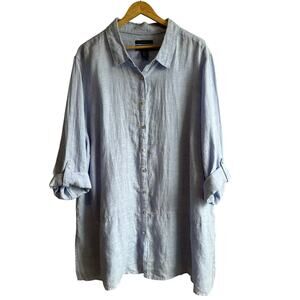 Tahari Essentials Linen Button Front Tunic Blouse Roll Tab Blue 3X